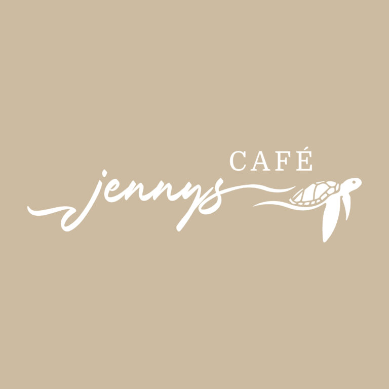 weißes Logo Jennys Cafe auf beigem Hintergrund